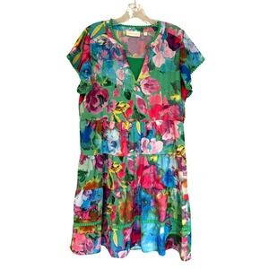 Sunny Leigh Floral Tiered Mini Babydoll Dress Women's M Green Feminine Dainty